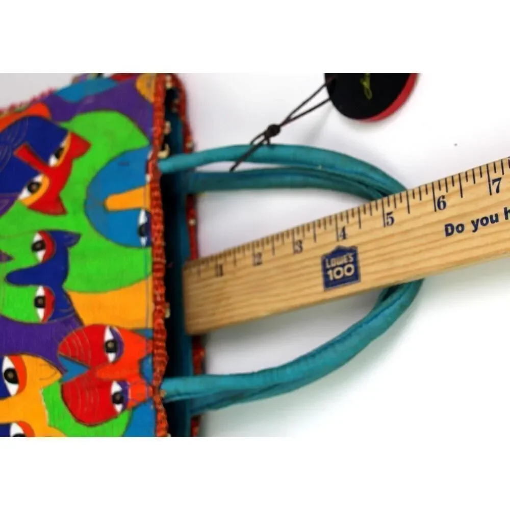 Laurel Burch MULTICOLOR COTTON CANVAS KAT BLUE HANDLES SATCHEL HANDBAG